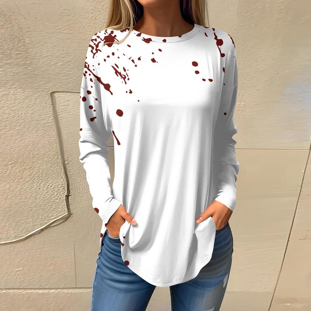 Women's Loose Round Neck  Print Long Sleeve T-Shirt Top Pullover