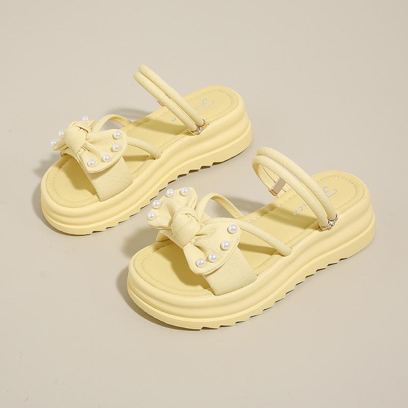 2025 Summer New Pearl Bow Cross Strap Fairy Fashion French Sandals Platform Cool Slippers Female Summer Wear