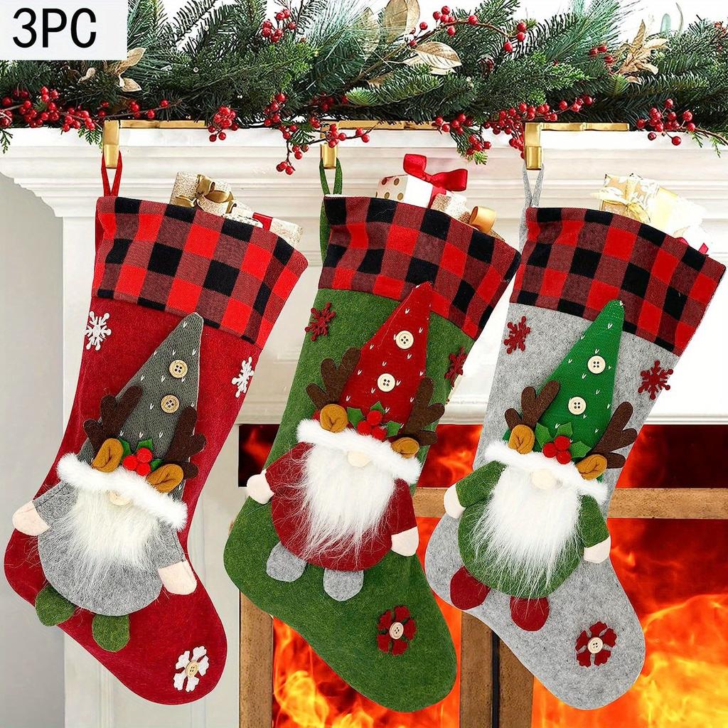 Christmas Socks Youngsters's Large Christmas Socks with Santa Claus, Reindeer, Dwarf, Buffalo Plaid Long Socks Suitable for Christmas Party Decoration