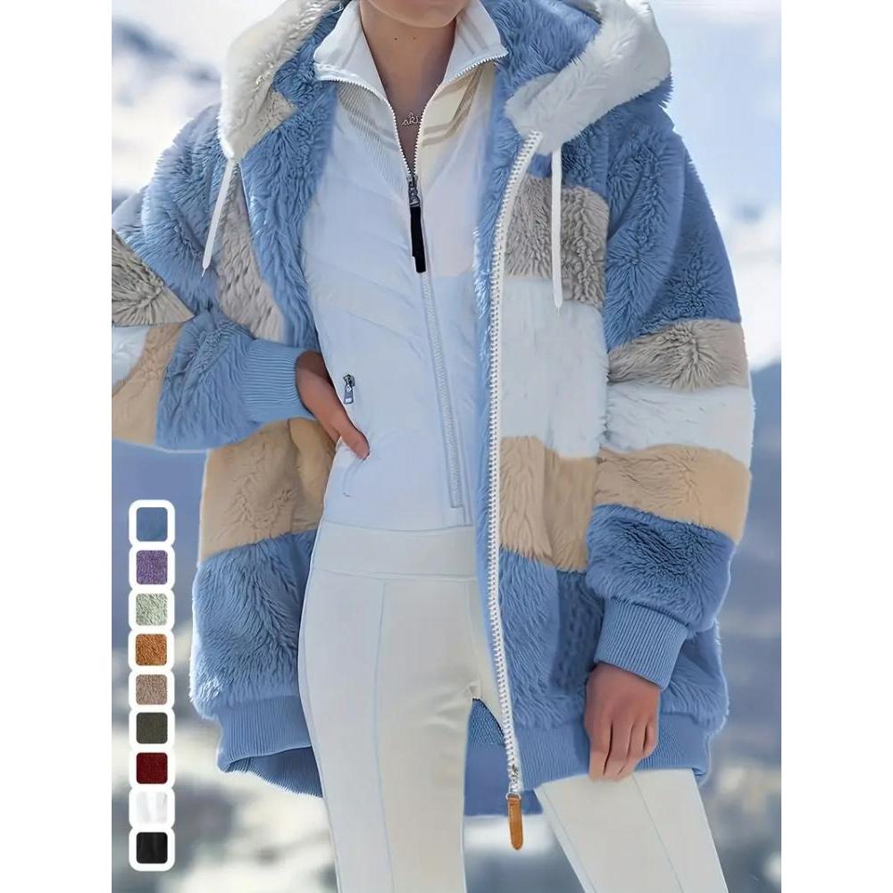 Elegant Fleece-Lined Hooded Jacket with Zip Pockets for Fall/Winter