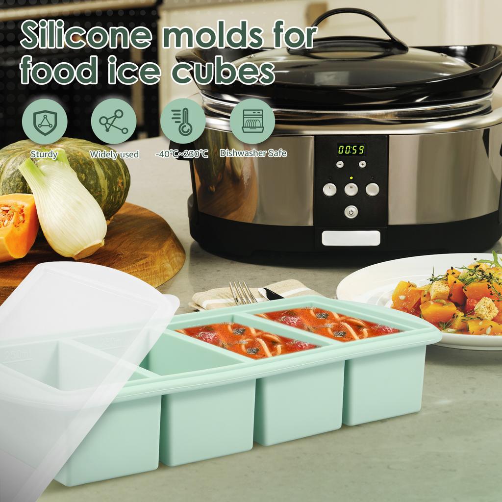 Silikon Frysbricka Soppa 2 till 4 Kuber Förvaringslåda Matbehållare Frysmögel Med Lock Fryst Förpackningslåda Form Organiser