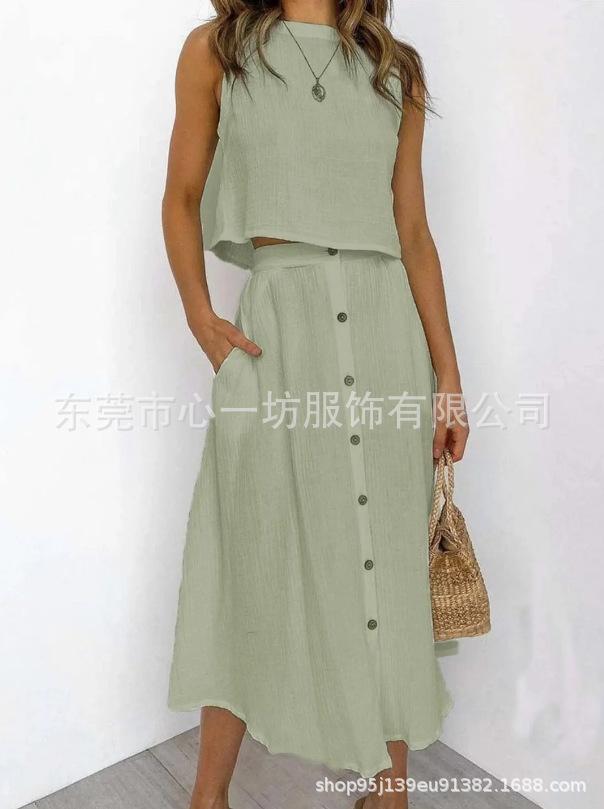Women Sleeveless Tank Top High Waist Button Front Midi Skirt Two Piece Set Casual Summer Outfit