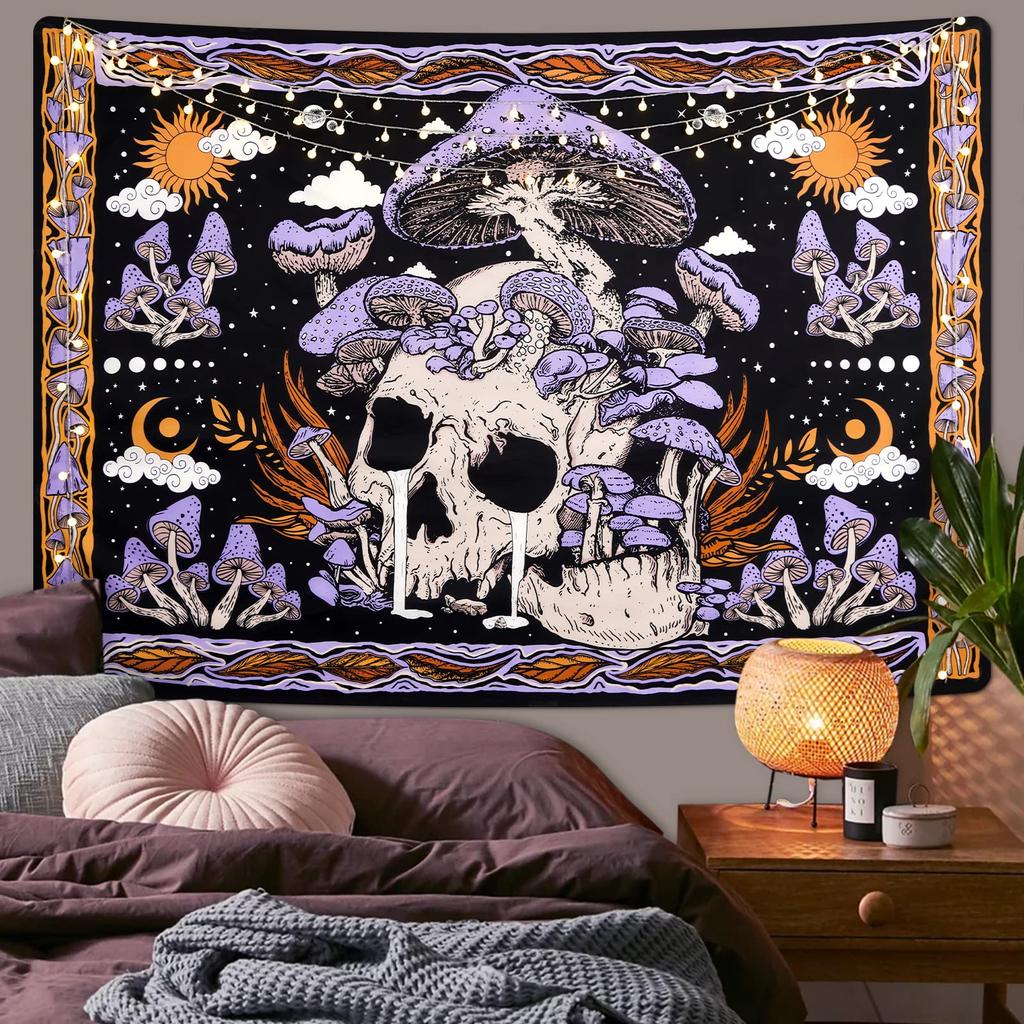 VIKAMA Arazzo Bohemian Vintage Teschio Fungo Soggiorno Camera da Letto Misterioso Curativo Atmosfera Stile Instagram Sfondo