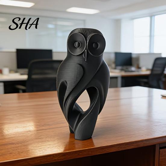 Desktop Ornament 3D Printed Owl Figurine, Hollow Modern Art Sculpture with Matte Black Finish, Minimalist Desk Decor for Home Office Bookshelf,