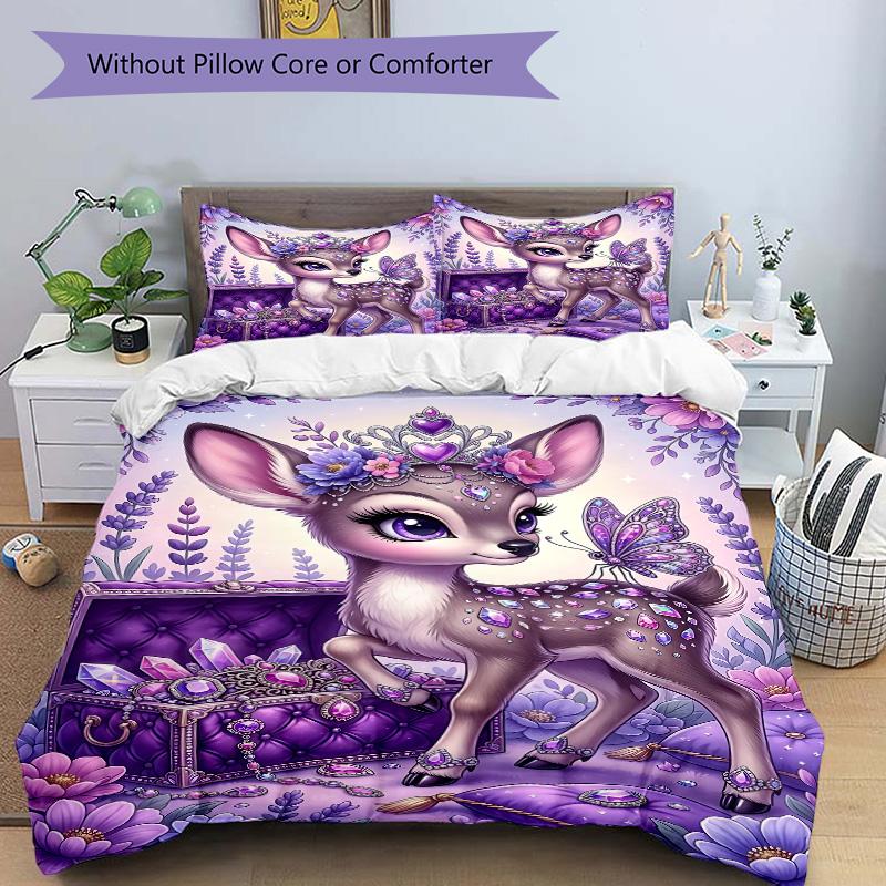 Fantasy Deer Lavender Garden Print 3Pcs Bedding Setduvet Cover With 2 Bedropillowcase Home Birthday Gift