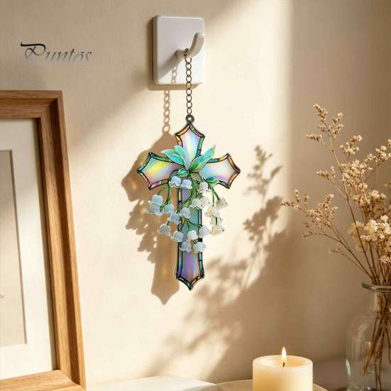 Artistic Wall Decoration Lily of The Valley Suncatcher, Acrylic Stained Glass Style Hanging Holiday Commemorative Gift Ornament with Metal Chain,