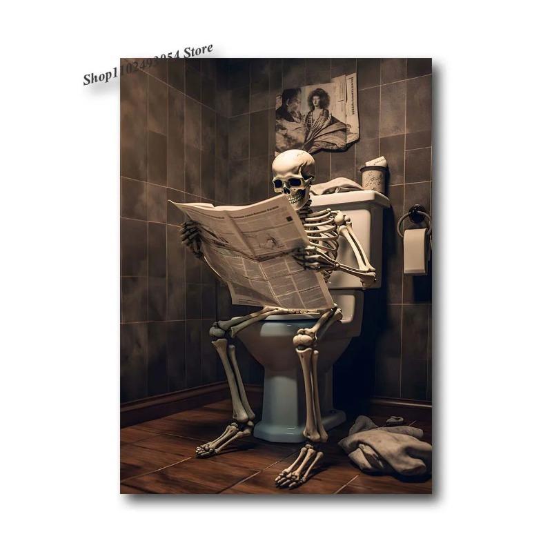 Funny Bathroom Dog Animal Sitting On The Toilet Reading A Newspaper Art Poster Canvas Painting Wall Prints Picture Home Decor