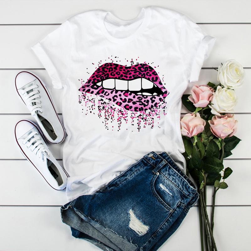 Women Lips Leopard Gold Glitter Print Trendy Graphic Designs T Shirt For Lady Shirt Harajuku O