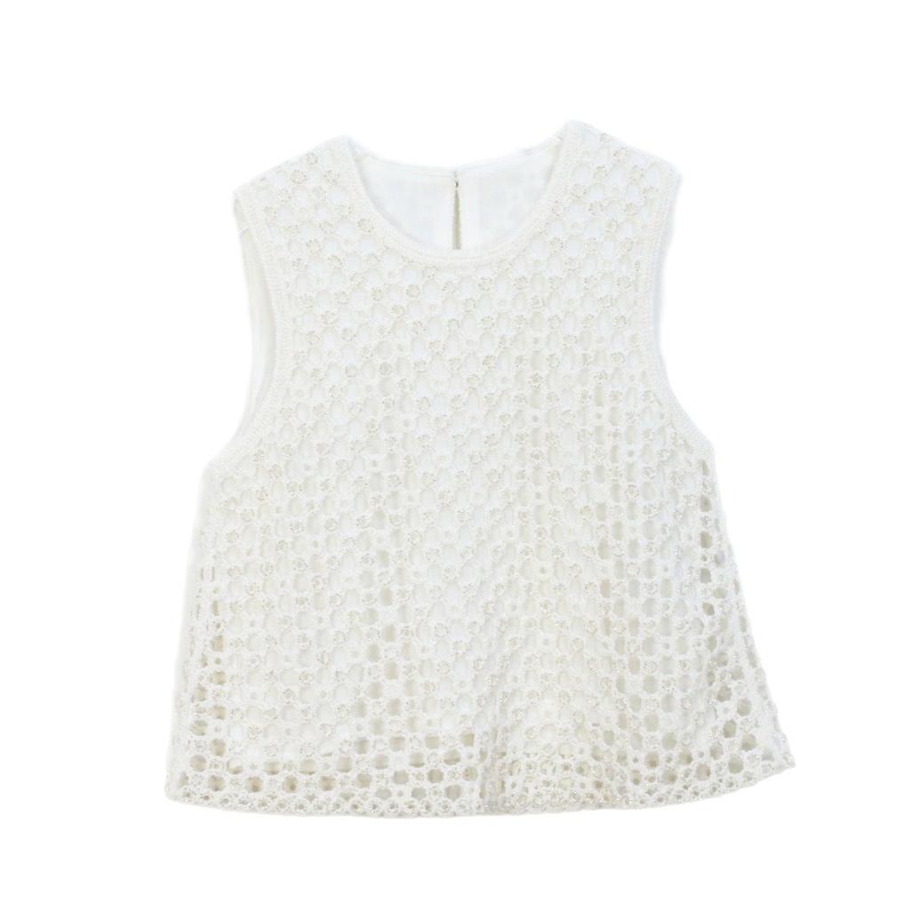 French Style Sleeveless White Knit Vest with Studded Detailing for Women