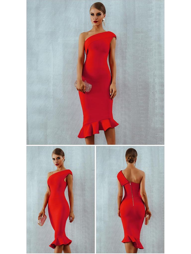 Schlussverkauf: Sexy schulterfreies Lotusblatt-Schwanz Hüftumspielendes Bandagenkleid für Damen