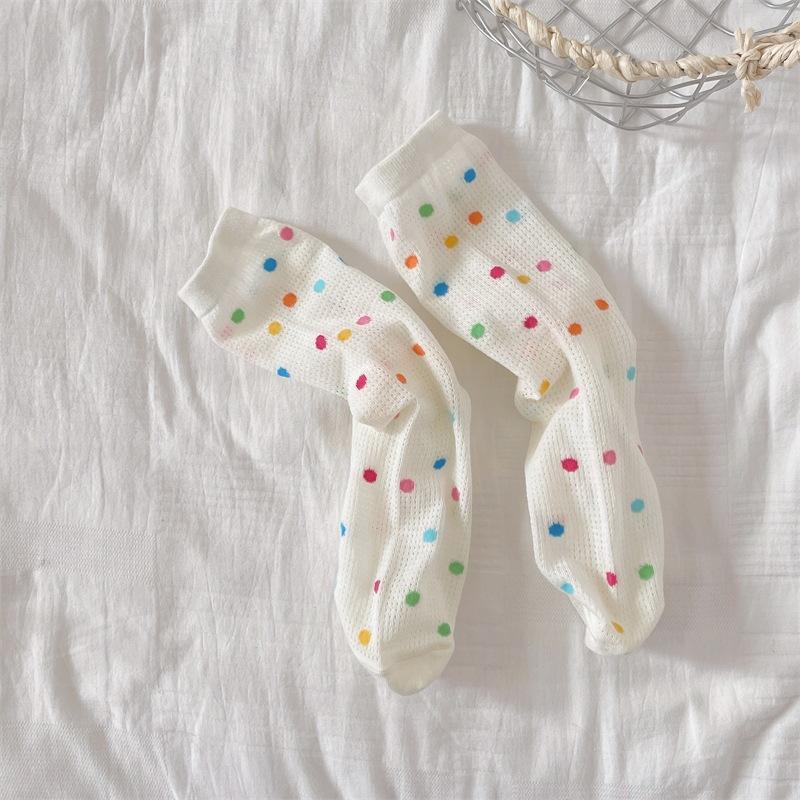 Ladies Spring and Summer Thin Striped Star Color Polka Dot Lovely Breathable Mesh Hollow Tube Stack Socks