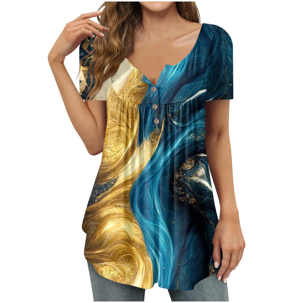 Women's Fashion Casual  Print Short Sleeve Button V Neck Loose T-Shirt Top