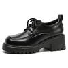 Women's 8cm Height-Increasing Leather Loafers - Chunky Heel, Lace-Up, Square Toe, Spring/Autumn Style