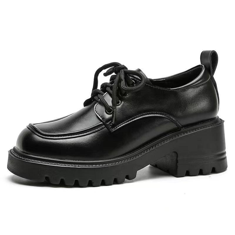 Women's 8cm Height-Increasing Leather Loafers - Chunky Heel, Lace-Up, Square Toe, Spring/Autumn Style