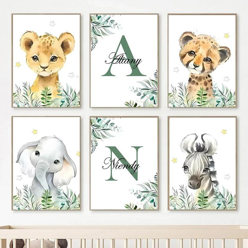 Forest Baby Personalized Name Green Canvas Painting Cartoon Animals Poster Children's Bedroom Wall Art Print Picture Room Decor