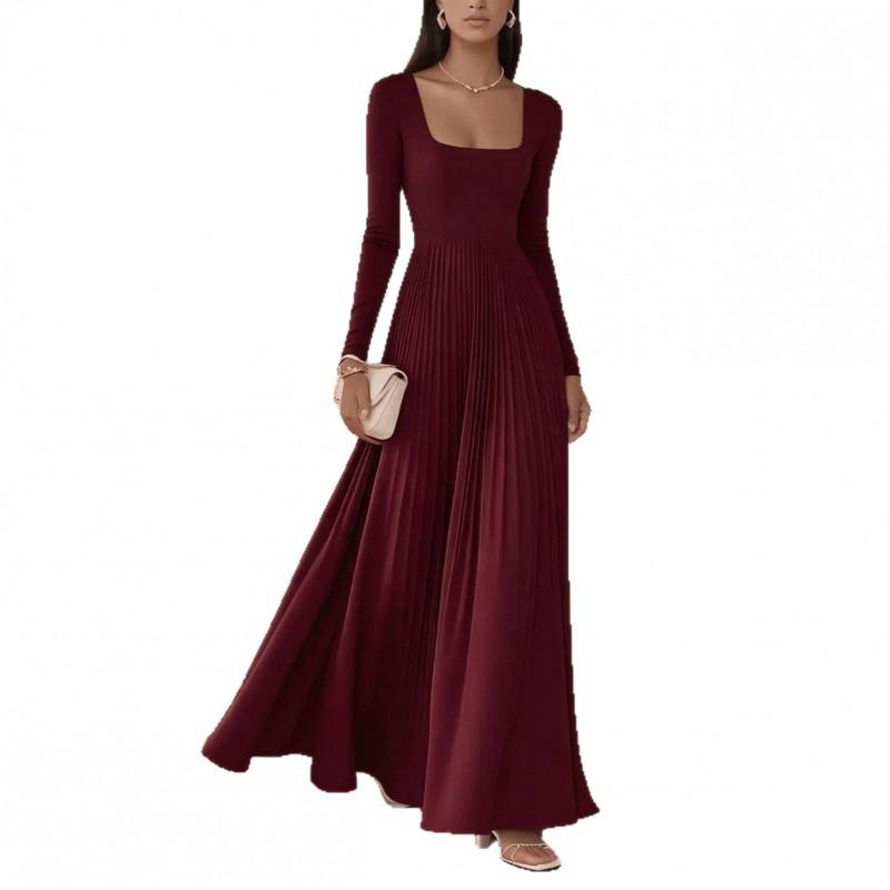 Elegant Square Neck Long Sleeve Waist-Cinched Pleated Maxi Dress Women 2026 Fall Formal Occasion