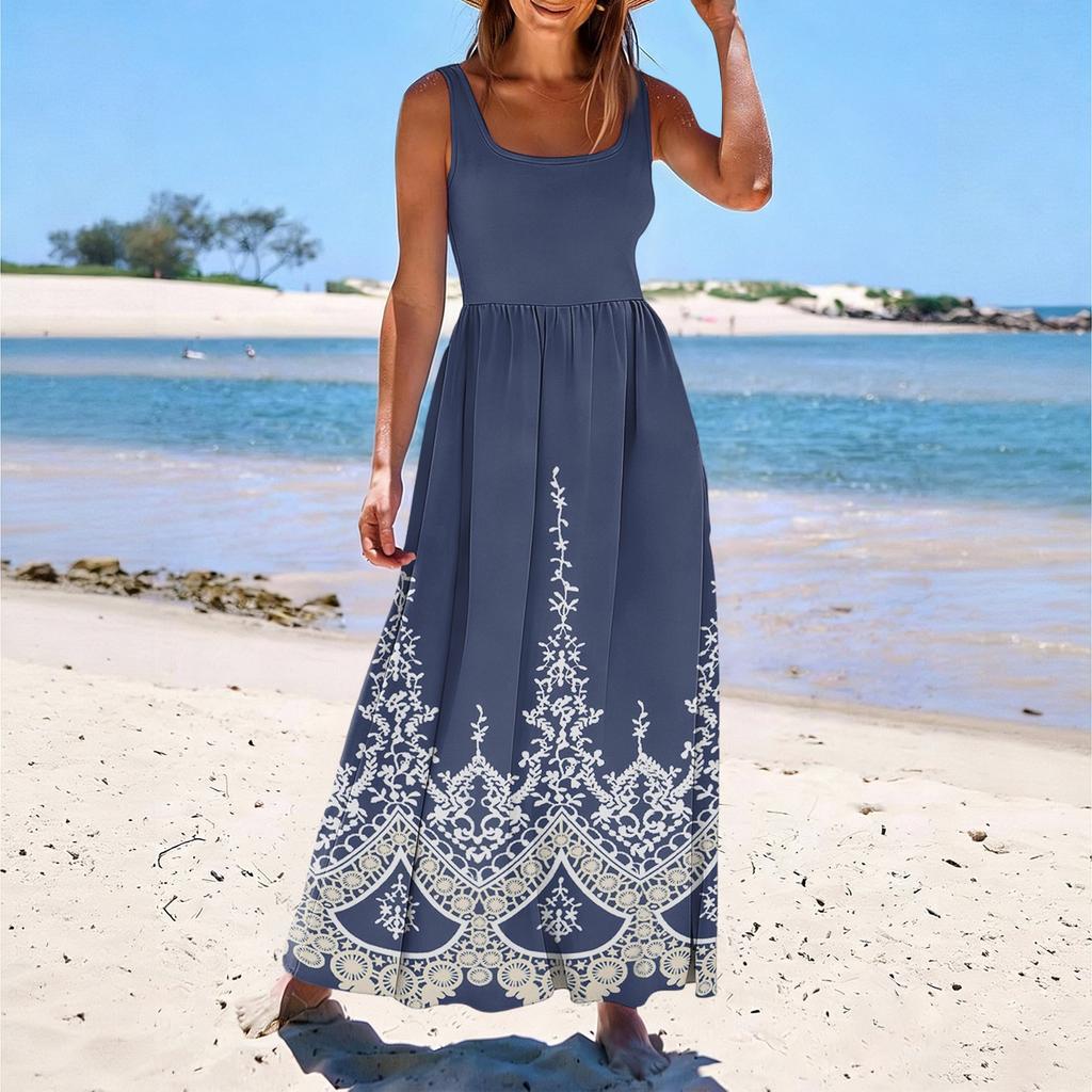 Ladies' floral print summer casual and fashionable sleeveless long dress