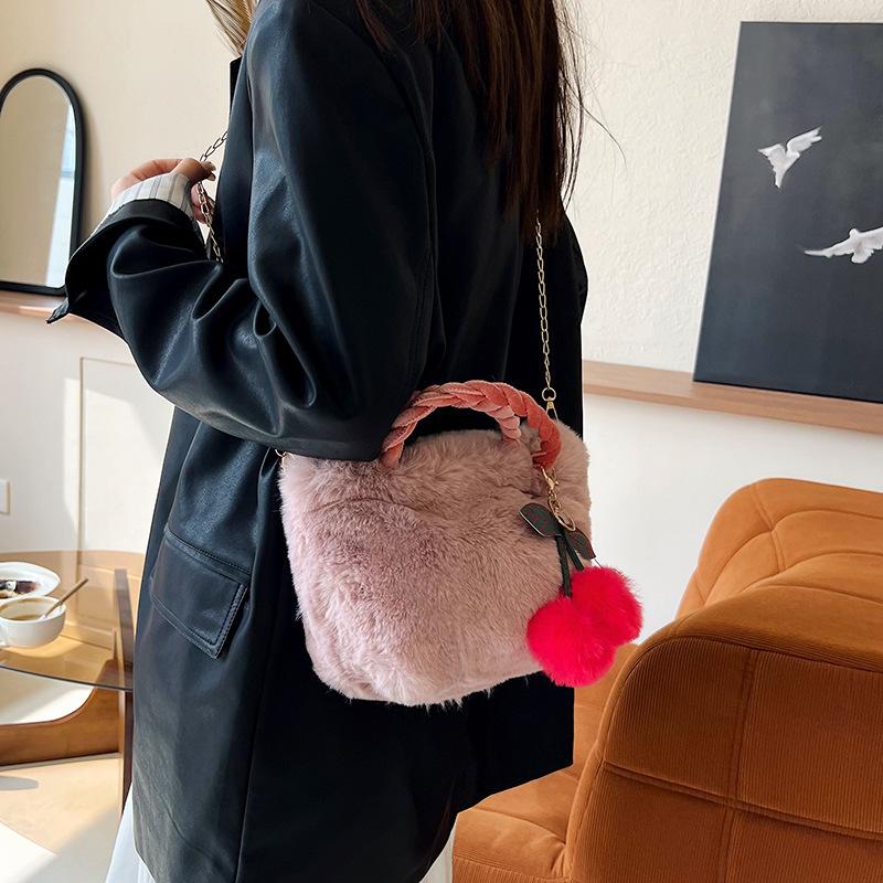 2025 New Plush Bag Women's Large-capacity Cherry Oblique Span Bag Fashionable Versatile Shoulder Bag Handbag
