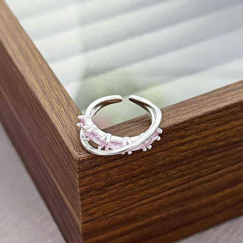 Light Luxury Sweet Cool Pink Cute Full Diamond Zir*****Pening Adjustable Ring Niche Design High-End Ring Woman