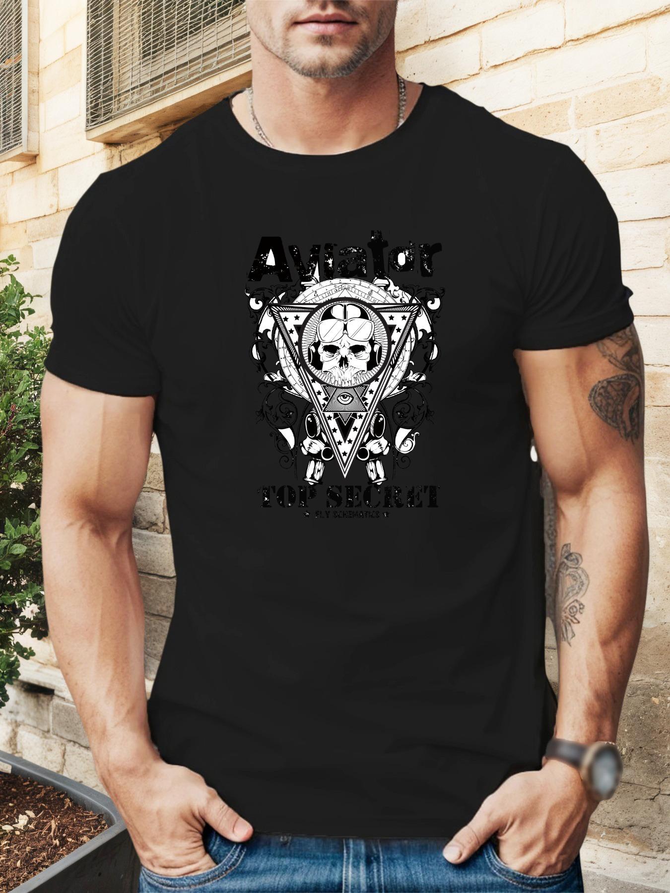 Aviator Skull Graphic T-shirt - Blue Casual Crew Neck Tee with Intricate Design M