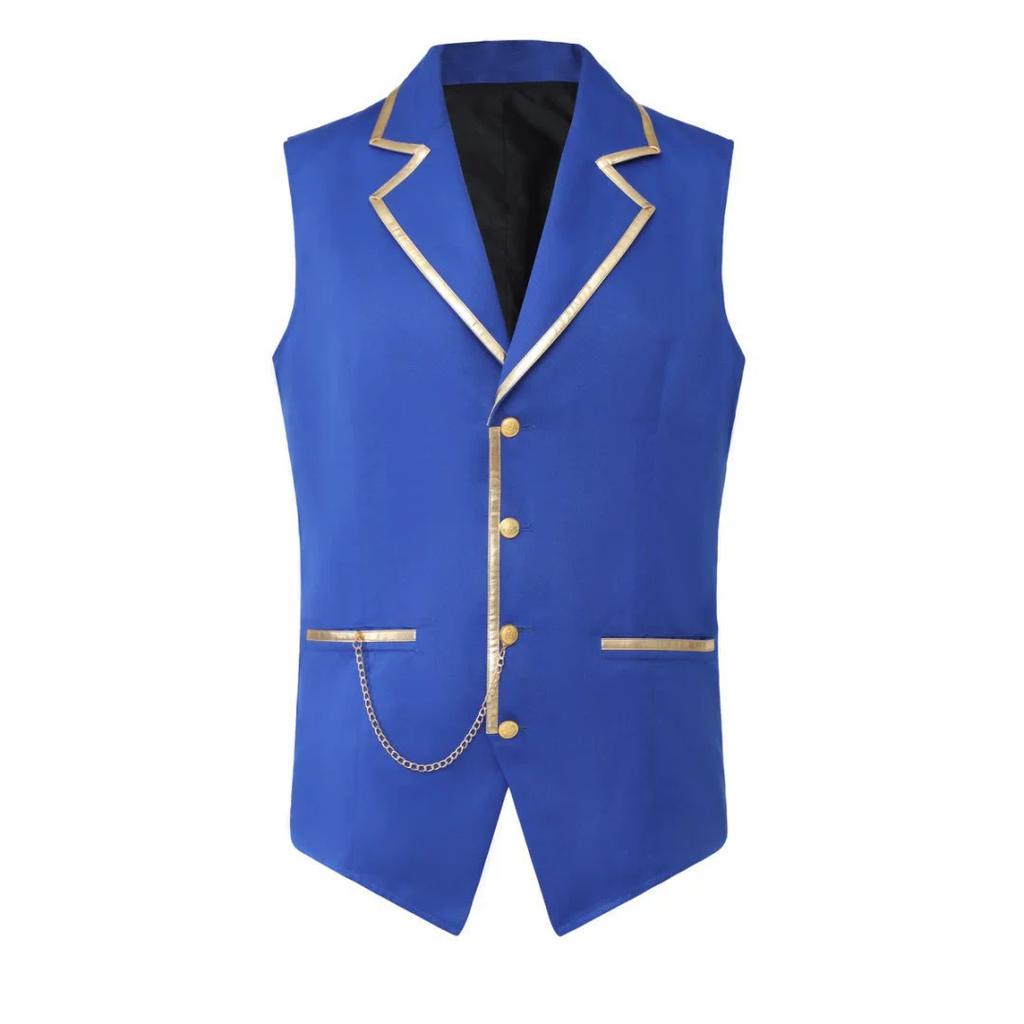 Men's Black Satin Suit Vest with Gold Trim and Chain - Formal Waistcoat for Wedding Party Prom - Slim Fit Tuxedo Vest