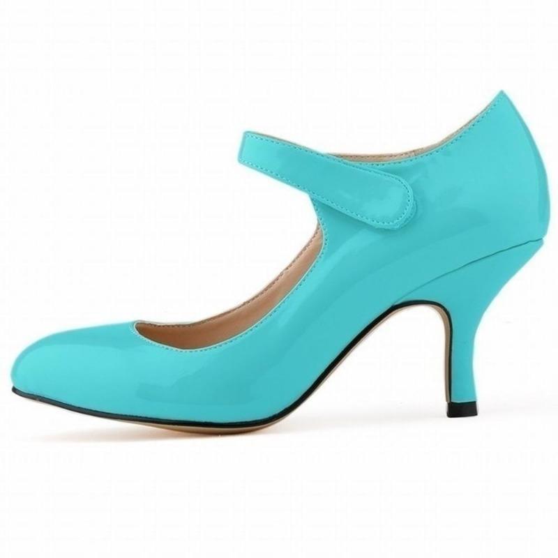 Zapatos de tacón alto informales de charol con tiras en el tobillo para mujer, 7 cm, tacón medio, cómodos, redondos, de boca baja, para trabajo, boda, color rojo