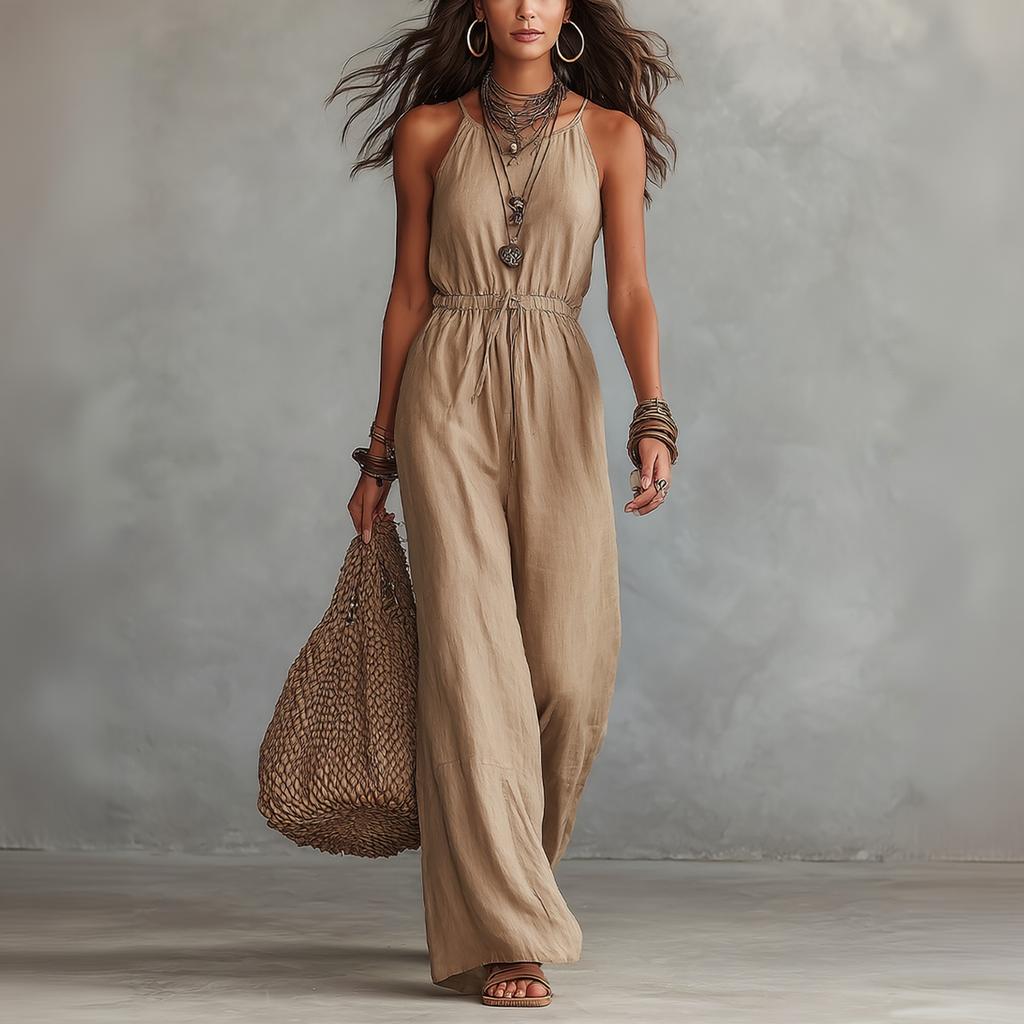 Women's Sleeveless Jumpsuit Linen Cotton Blend Wide Leg Relaxed Fit Casual Romper with Elastic Waist and Adjustable Straps for Summer