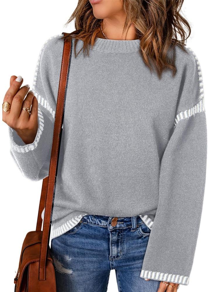 

Autumn Winter Women s Fashion Solid Colour Round Neck Loose Long Sleeve Colour Block Cable Knit Pullover Top Luxurious Relaxed Versatile Top XXL
