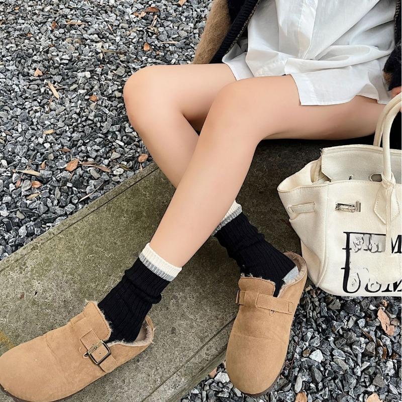 Autumn and Winter Sports Color-blocking Mid-calf Socks, Retro Thick Thread Pile Socks, Grey and Beige Versatile Socks, Women's Socks