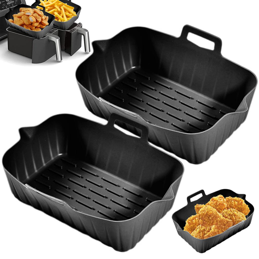 2Pcs Air Fryer Silicone Liner with Handle Reusable Silicone Air Fryer Tray Rectangular Air Fryer Silicone Pot Heat Resistant Air