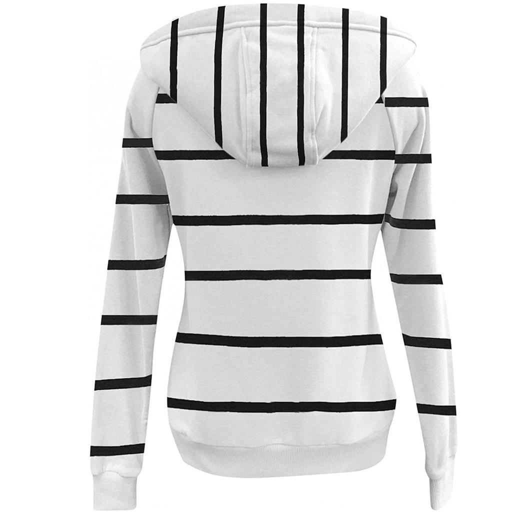 Fashion Women's Pocket Stripe Printed Swap Long Sleeve Hooded Sweatshirt Top