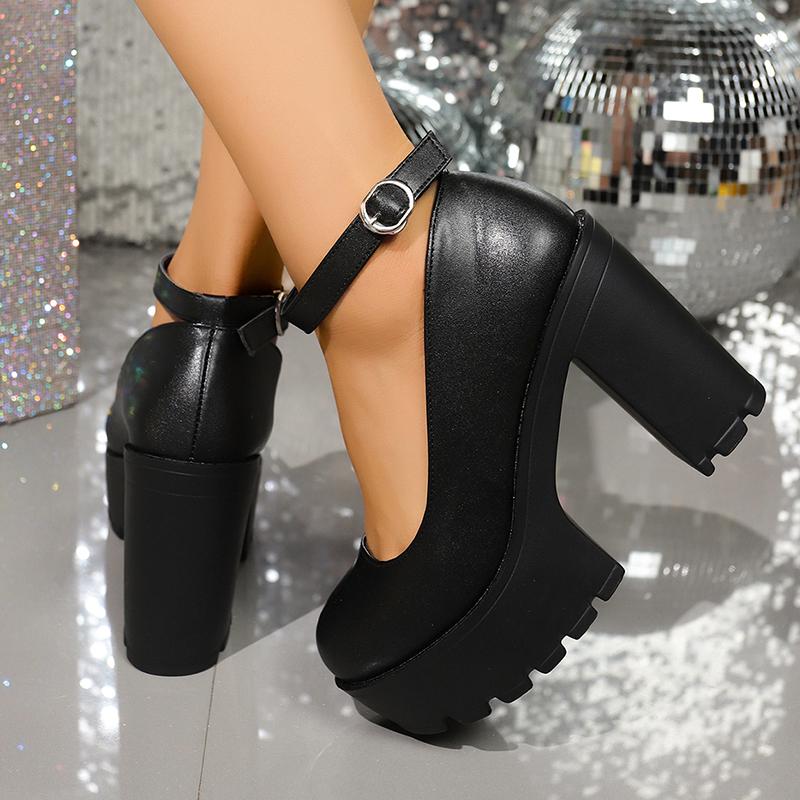 Sapatos Mary Jane Pretos de Salto Super Alto Feminino Tamanho Grande 42 Plataforma Grossa Saltos Agulha Femininos Fivela no Tornozelo Festa Casamento Sapatos de Salto Alto