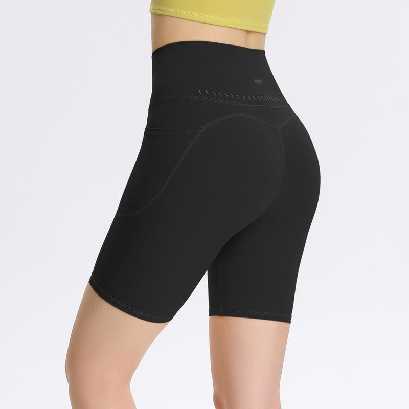 

Sports shorts 2025 nude yoga shorts high waist hip lift belt pocket fitness cycling pants sports five-point pants S чорний