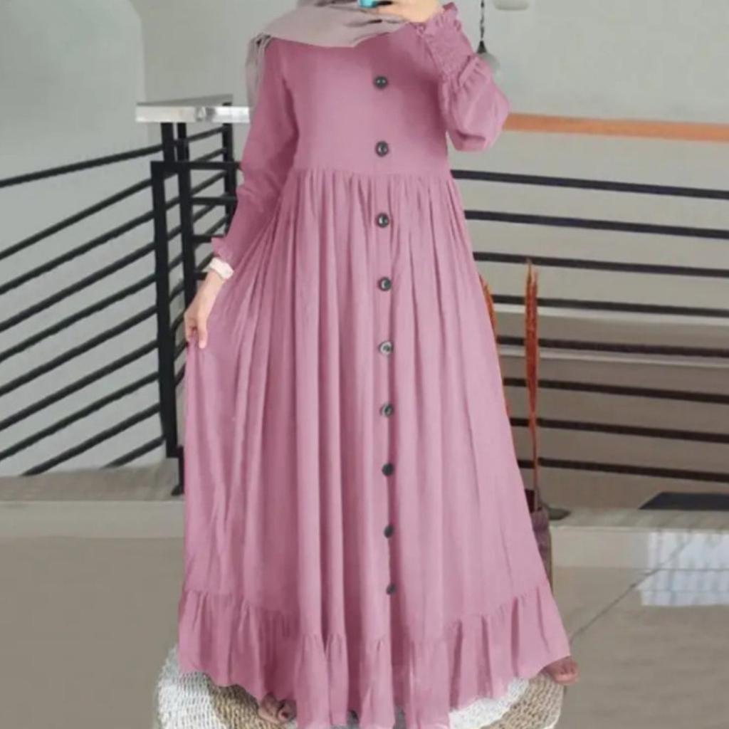 Women's Crew Neck Long Sleeve Maxi Dress Loose Waist Ruffle Hem Modest Abaya Dress