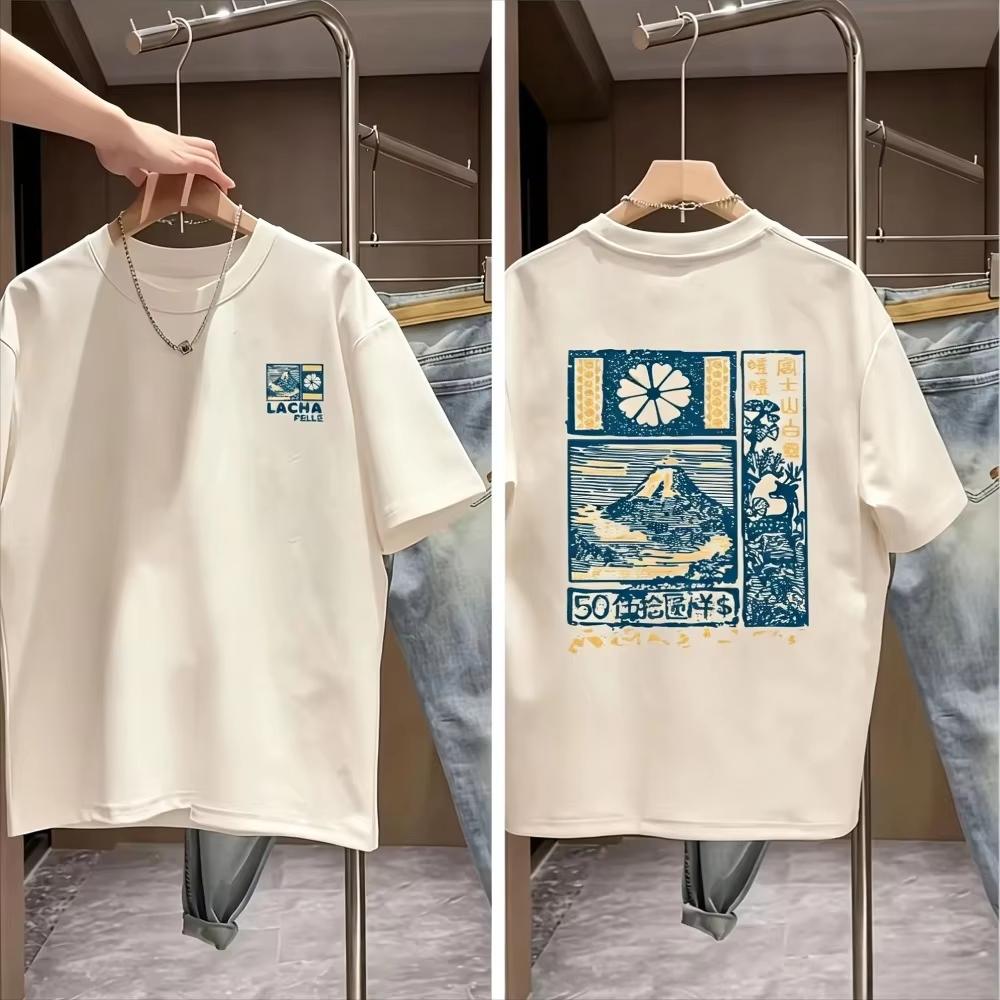 2026 Summer Cherry Blossom Pattern Of Mount Fuji Style Printed Tshirt Cotton Round Neck Casual Fashion Short Sleeve Unisex