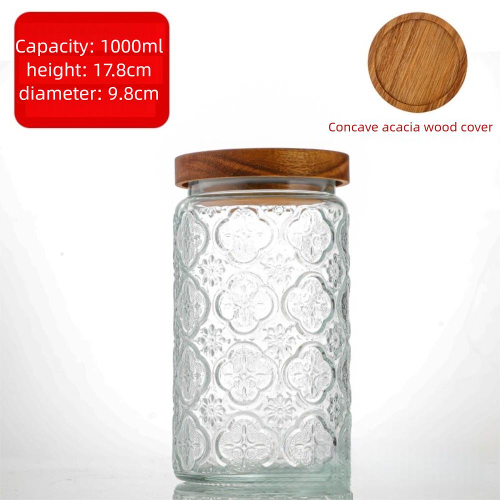 New 1000ML Storage Bottles Jars Embossed Pattern Glass Food Storage Containers with Wooden Lid Begonia Airtight Canister Kitchen
