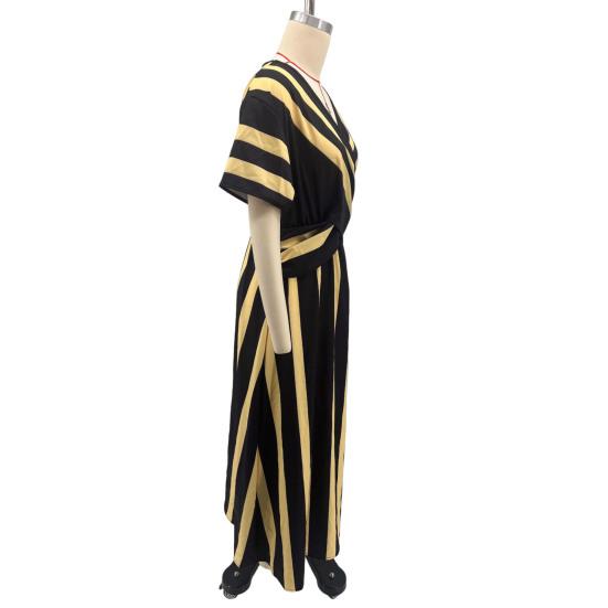 Maxi Robe d'Été pour Femmes Rayée Manches Courtes Col en V Robe évasée Décontractée Vacances à la Plage Fluide Robe d'été coupe A