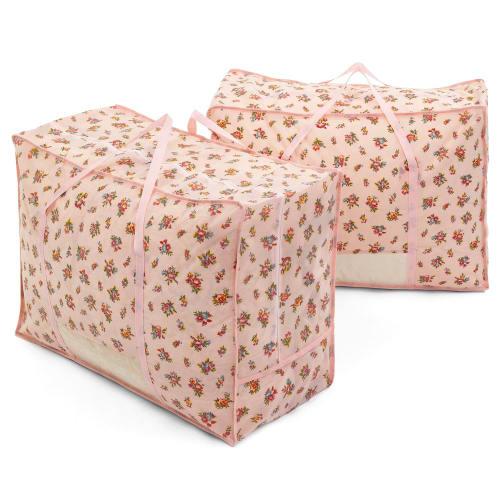 Astro Down Comforter Storage Bag, Light Pink, Floral Print, Set of 2, Single and Double Size, with Handles, Breathable Nonwoven Fabric, Vertical Stora