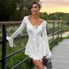 European & American Women's 2024 Ruffle Pointed Collar Bell Sleeve Tie-up Dress