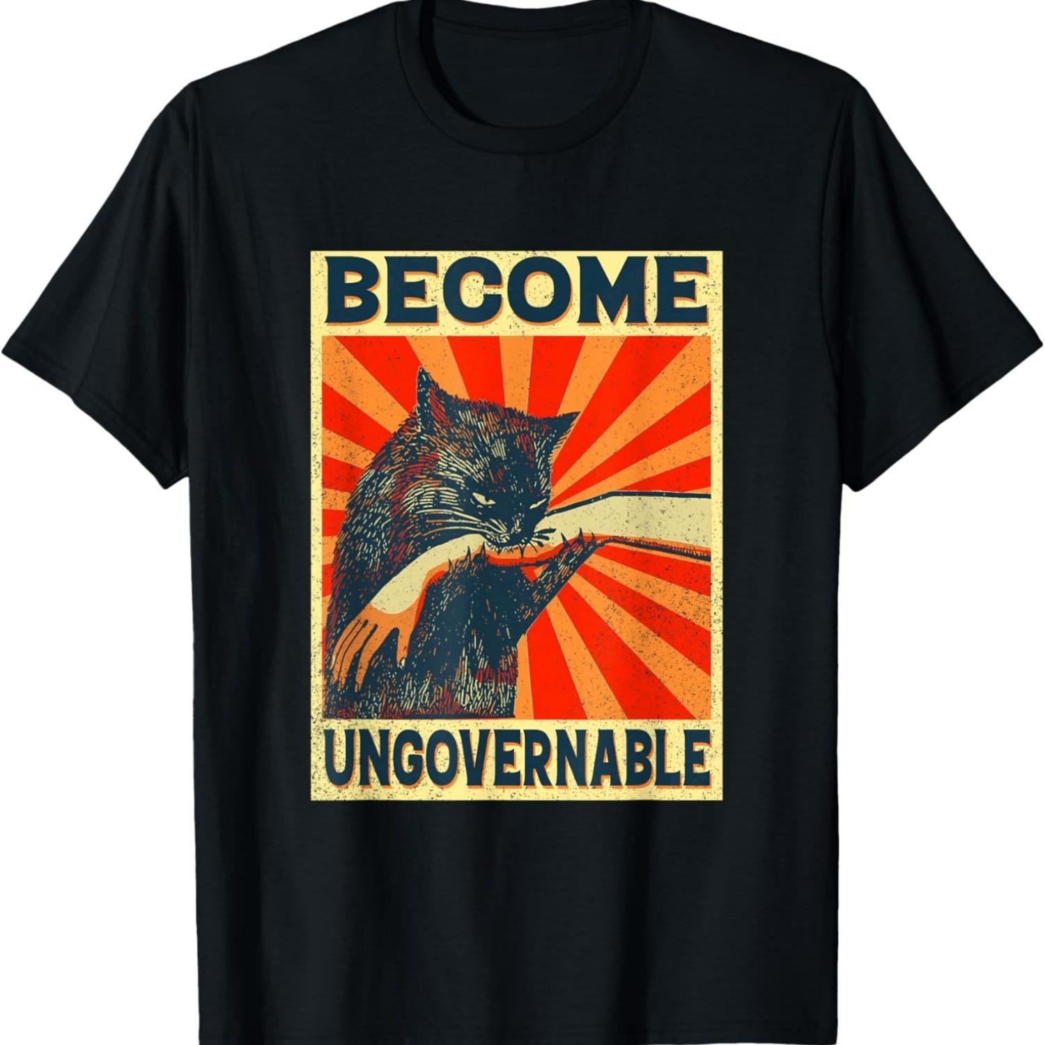 Become Ungovernable Black Cat Biting Hand Funny Meme Retro T-Shirt S чёрный