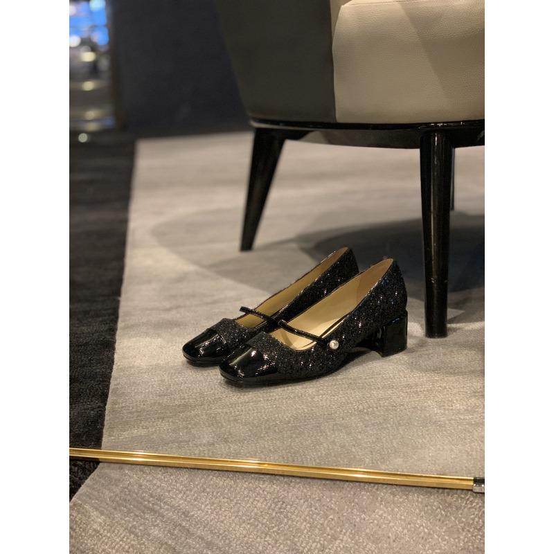 Sheepskin version~ Sparkling sequined square head with thick heel Mary Jane shoes women's single shoes