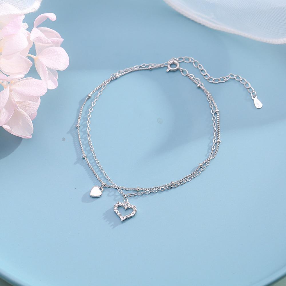 Trendy Double Layer Heart Anklet S925 Silver Plated Simple Sexy Personality Design for Women Girls