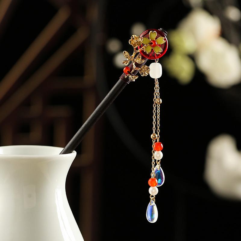 1Pc Petal Hairpin New Chinese Style Tassel Hairpin Fresh Wood Ancient Headwear Sandalwood Hairpin Tassel