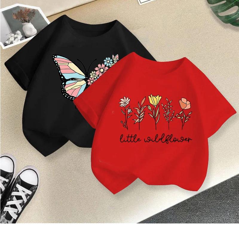 Children's T-shirt girls short-sleeved new style girls summer round neck loose casual top butterfly print cross-border