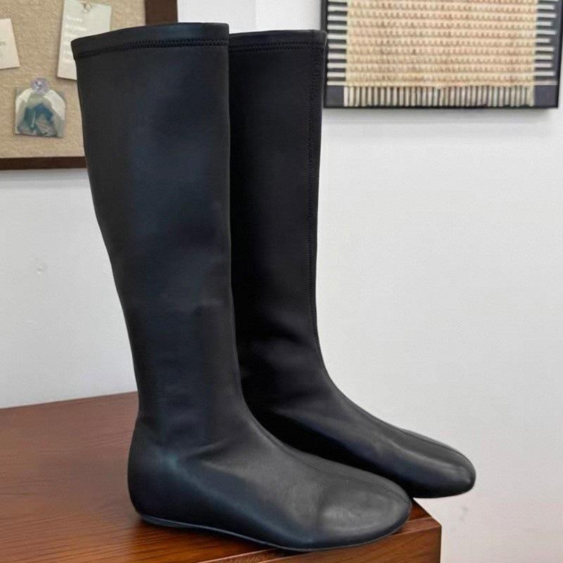 Retro round head long tube elastic boots women's inner height increase outer wear thin boots
