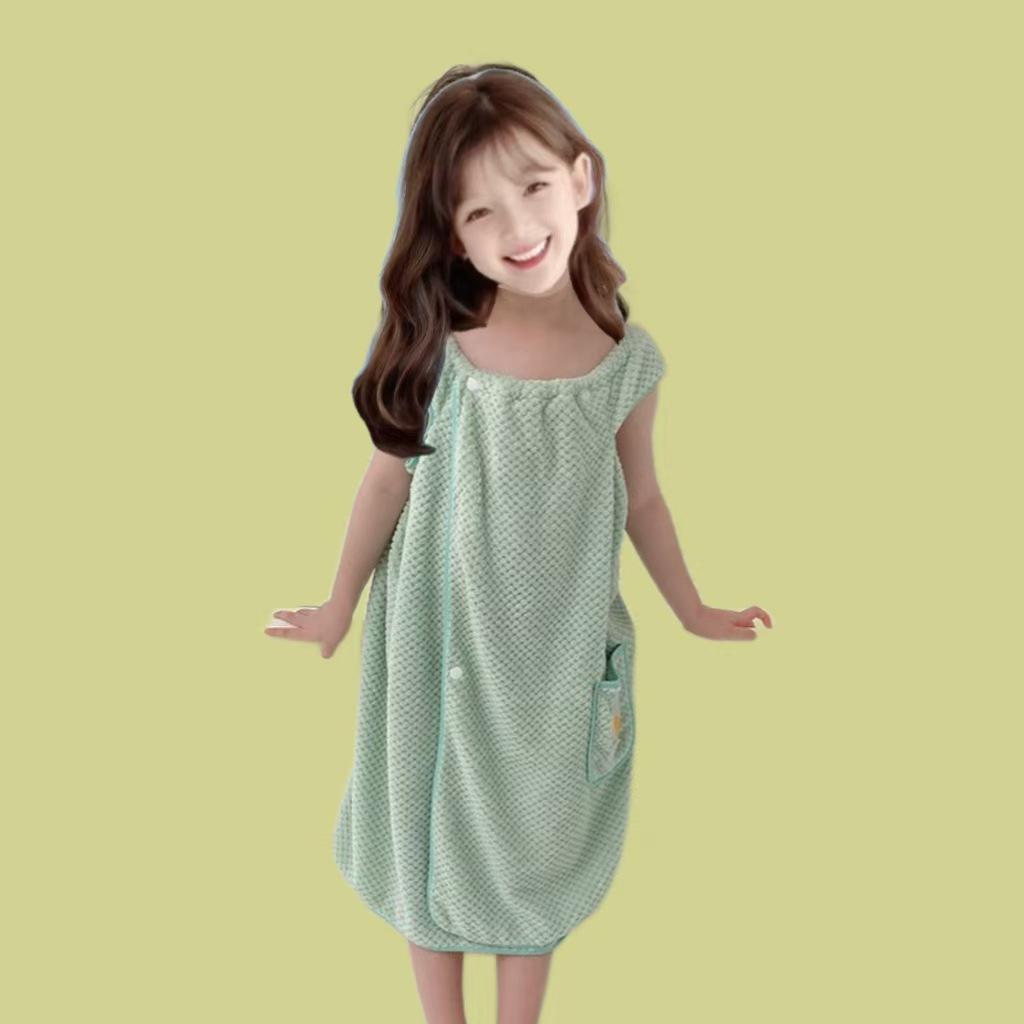 Polog Children's Quick-Dry Embroidered Bath Skirt Towel - Snap Button, Anti-Exposure, Non-Shedding, Non-Fading Coral Fleece.