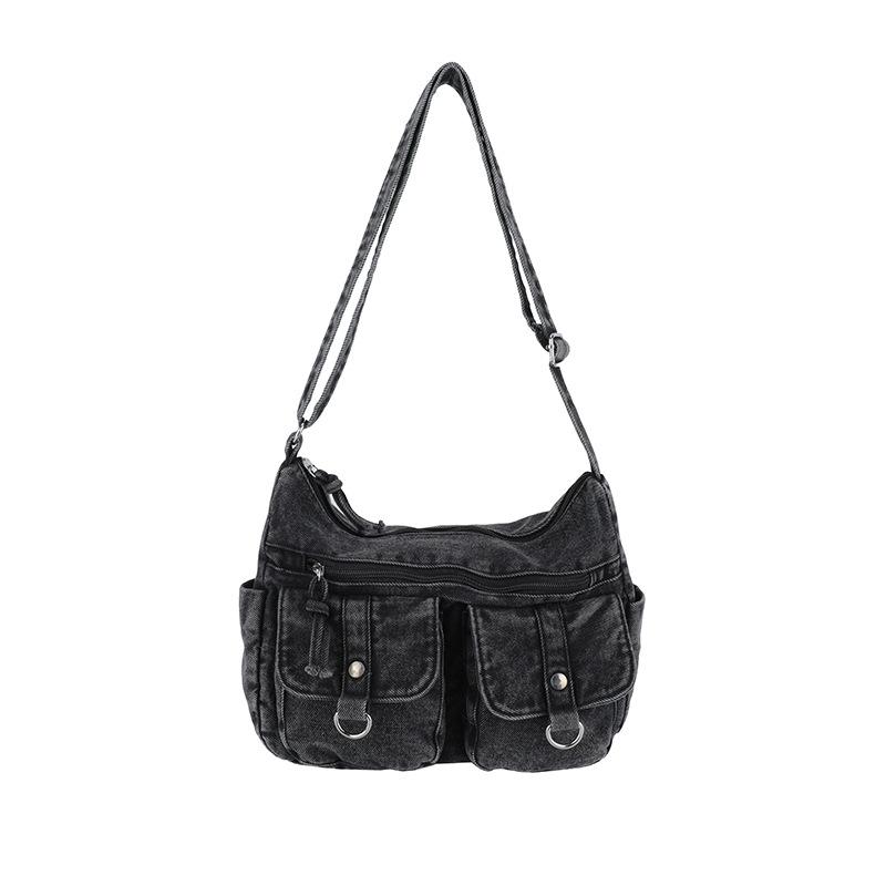Retro Denim Bag Multi-pocket Messenger Bag Student Popular Messenger Bag Fashionable Versatile Large Capacity Commuter Shoulder Bag