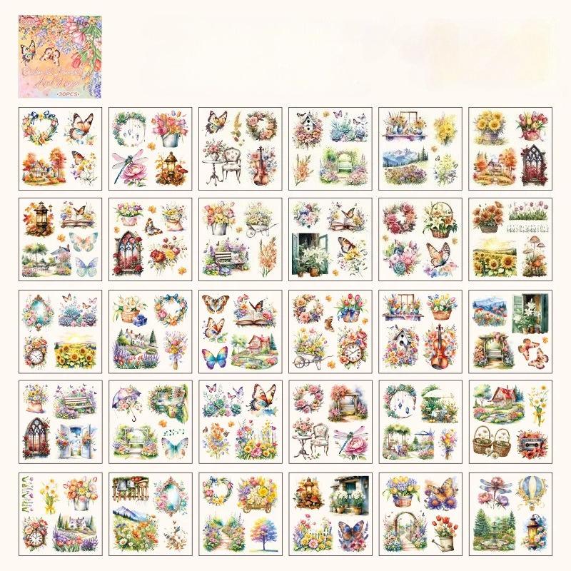 

30pcs/pack Flower Butterfly Cut Film Sticker PET Book Hand Made Collage Material Stickers
