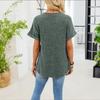Women's Color V-Neck Short Sleeve T-Shirt with Buttons, Loose Fit Ribbed Knit Top, Casual Spring Summer Tee