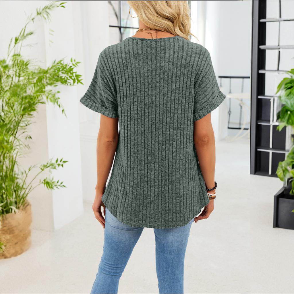 Women's Color V-Neck Short Sleeve T-Shirt with Buttons, Loose Fit Ribbed Knit Top, Casual Spring Summer Tee